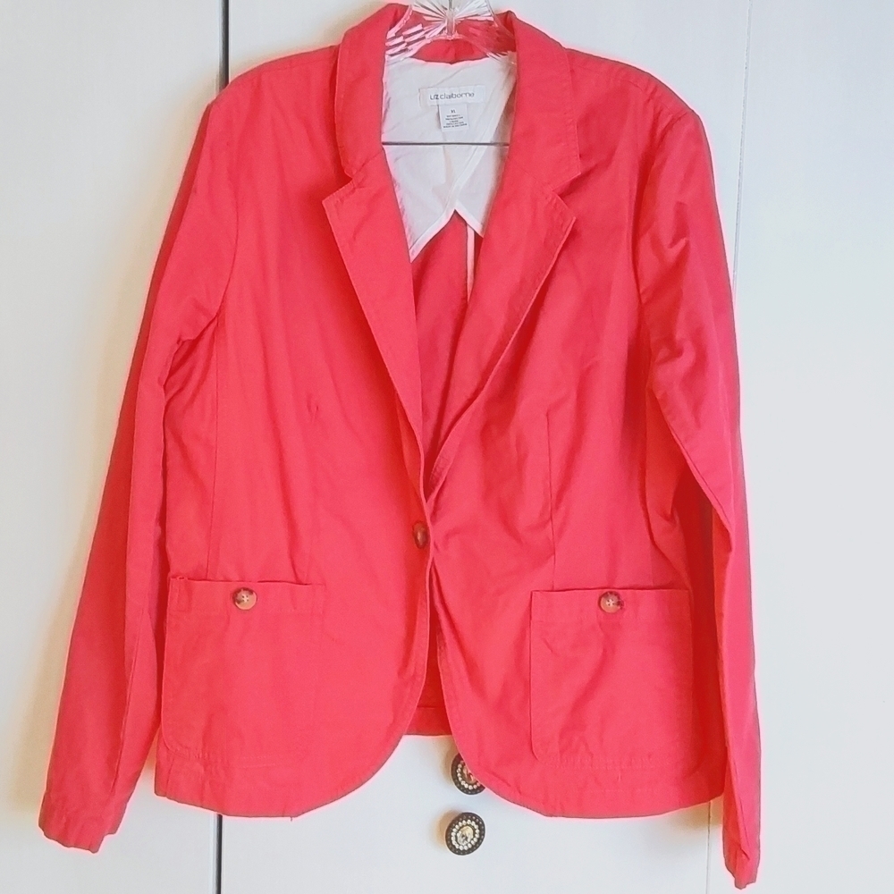Liz Claiborne  Womens Dark Pink Blazer Tortise shell Button Pockets Cute Sz.L